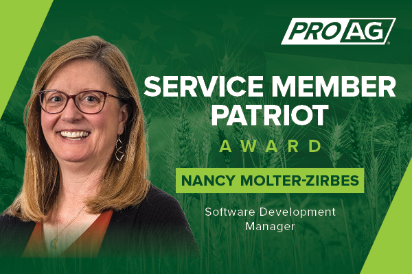 ProAg's Nancy Molter-Zirbes Honored with the Service Member Patriot Award. Showing a picture of Nancy. ProAg is an equal opportunity provider.